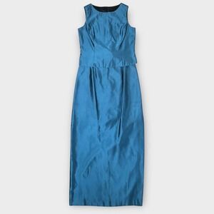 Jessica McClintock Blue Satin Sleeveless Maxi Gown Side Slit 2 Pc. Size 10 VTG